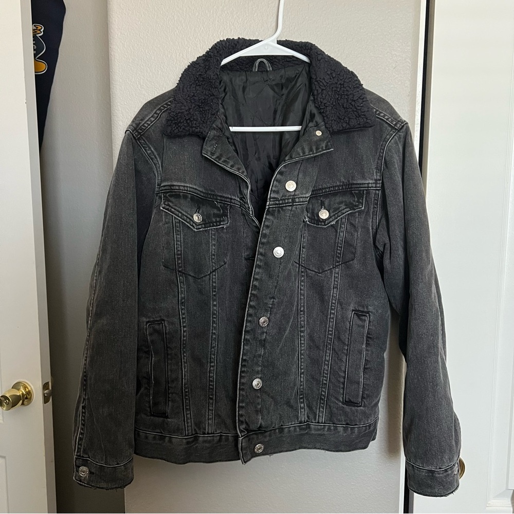 Topshop Charcoal Denim Jacket with Sherpa Collar
